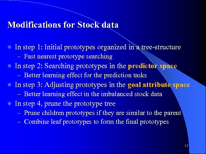 Modifications for Stock data l In step 1: Initial prototypes organized in a tree-structure