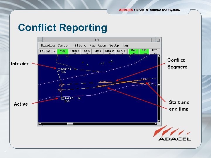 AURORA CNS/ATM Automation System Conflict Reporting Intruder Active 16 Conflict Segment Start and end