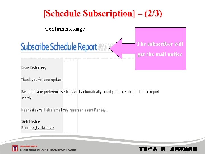 [Schedule Subscription] – (2/3) Confirm message The subscriber will get the mail notice 登高行遠