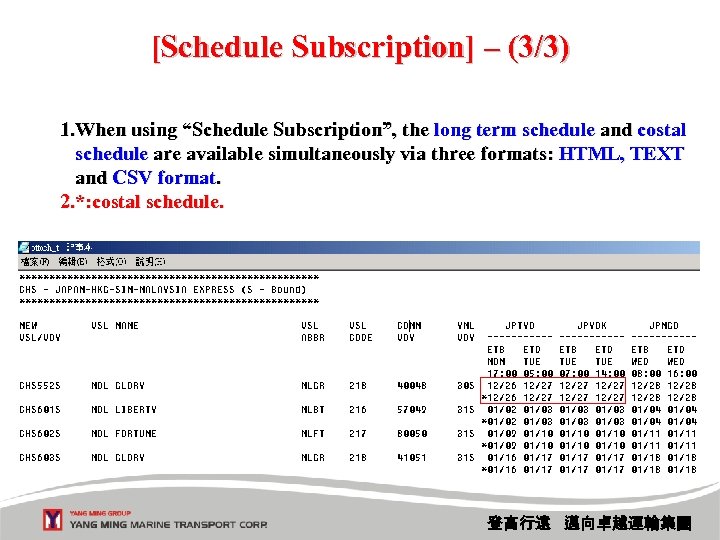 [Schedule Subscription] – (3/3) 1. When using “Schedule Subscription”, the long term schedule and