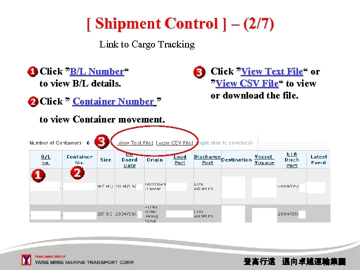 [ Shipment Control ] – (2/7) Link to Cargo Tracking Click ”B/L Number“ to