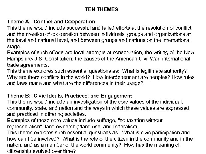 TEN THEMES Theme A: Conflict and Cooperation This theme would include successful and failed
