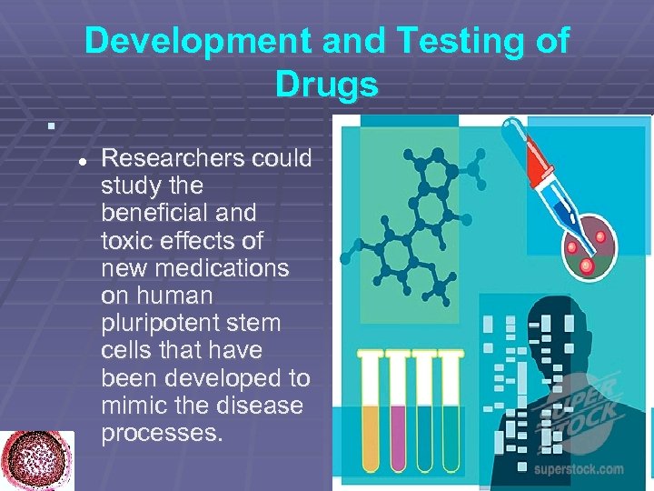 Development and Testing of Drugs Researchers could study the beneficial and toxic effects of