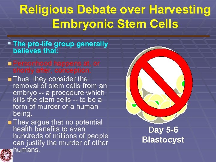 Religious Debate over Harvesting Embryonic Stem Cells The pro-life group generally believes that: Personhood