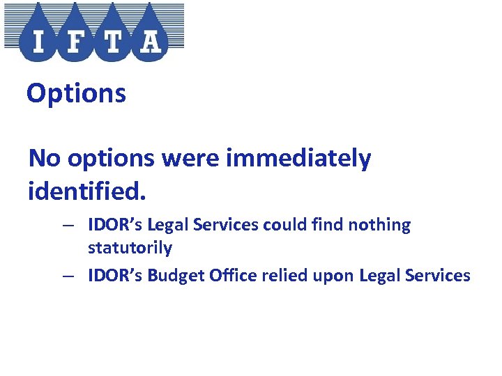 Options No options were immediately identified. – IDOR’s Legal Services could find nothing statutorily
