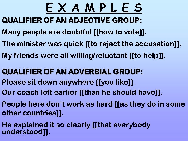 E X A M P L E S QUALIFIER OF AN ADJECTIVE GROUP: Many