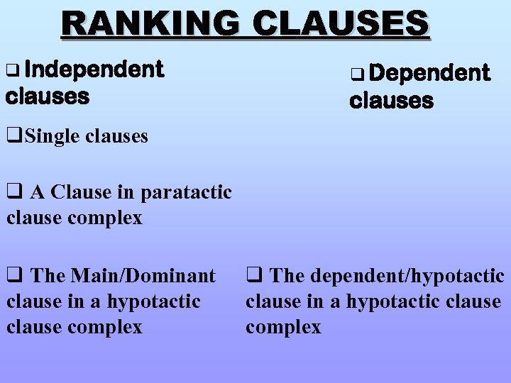 RANKING CLAUSES q Independent clauses q Dependent clauses q. Single clauses q A Clause