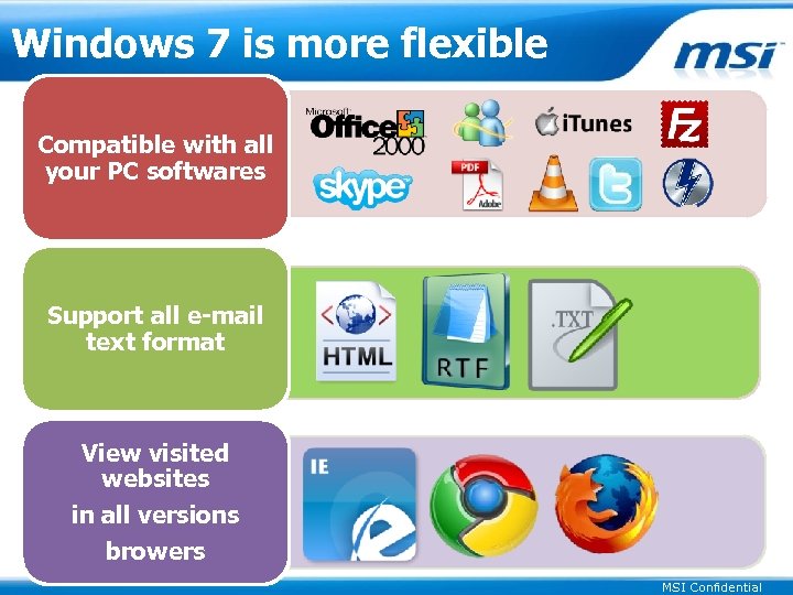 Windows 7 is more flexible Compatible with all your PC softwares Support all e-mail