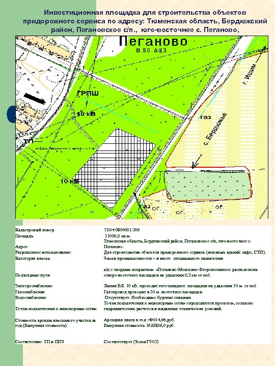 Инвестиционная площадка для строительства объектов придорожного сервиса по адресу: Тюменская область, Бердюжский район, Пегановское