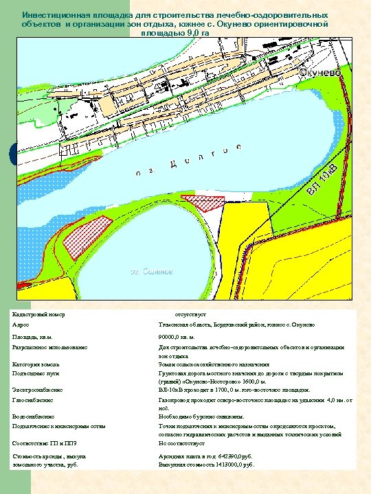 Инвестиционная площадка для строительства лечебно-оздоровительных объектов и организации зон отдыха, южнее с. Окунево ориентировочной
