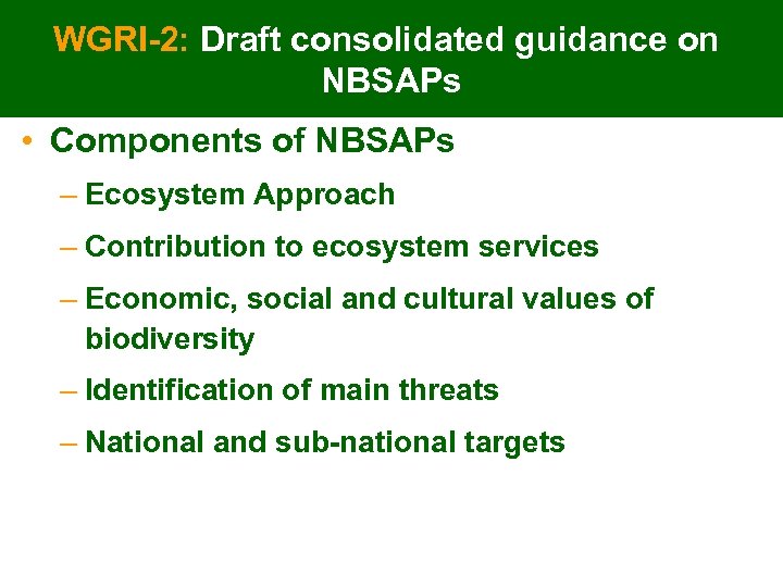 WGRI-2: Draft consolidated guidance on NBSAPs • Components of NBSAPs – Ecosystem Approach –