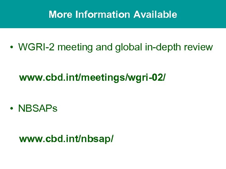 More Information Available • WGRI-2 meeting and global in-depth review www. cbd. int/meetings/wgri-02/ •