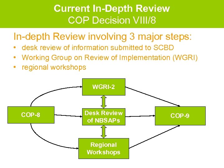 Current In-Depth Review COP Decision VIII/8 In-depth Review involving 3 major steps: • desk