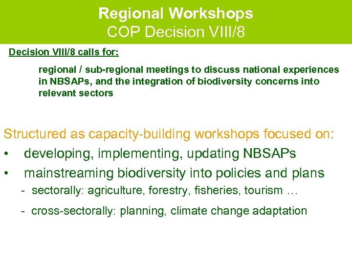 Regional Workshops COP Decision VIII/8 calls for: regional / sub-regional meetings to discuss national