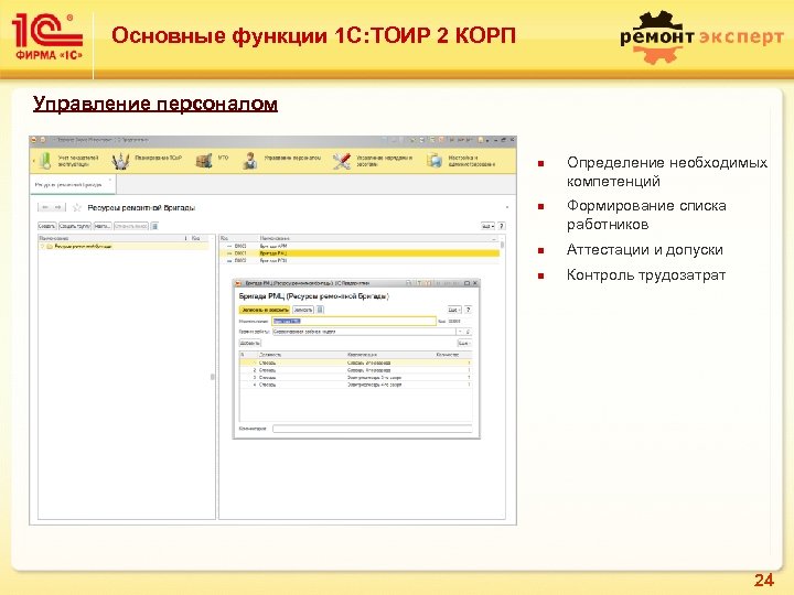 Основные функции 1 С: ТОИР 2 КОРП Управление персоналом n n Определение необходимых компетенций
