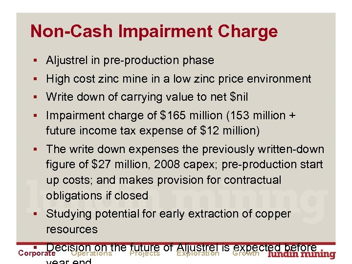 Non-Cash Impairment Charge § Aljustrel in pre-production phase § High cost zinc mine in