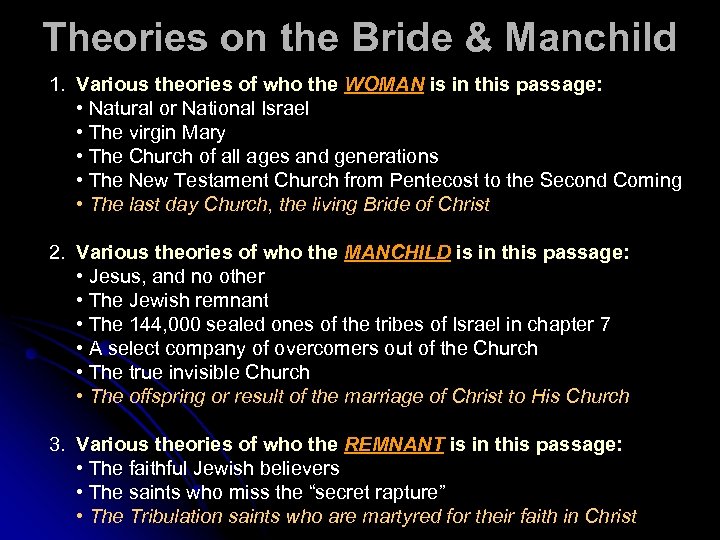 Theories on the Bride & Manchild 1. Various theories of who the WOMAN is