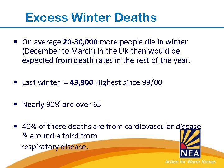 Excess Winter Deaths § On average 20 -30, 000 more people die in winter