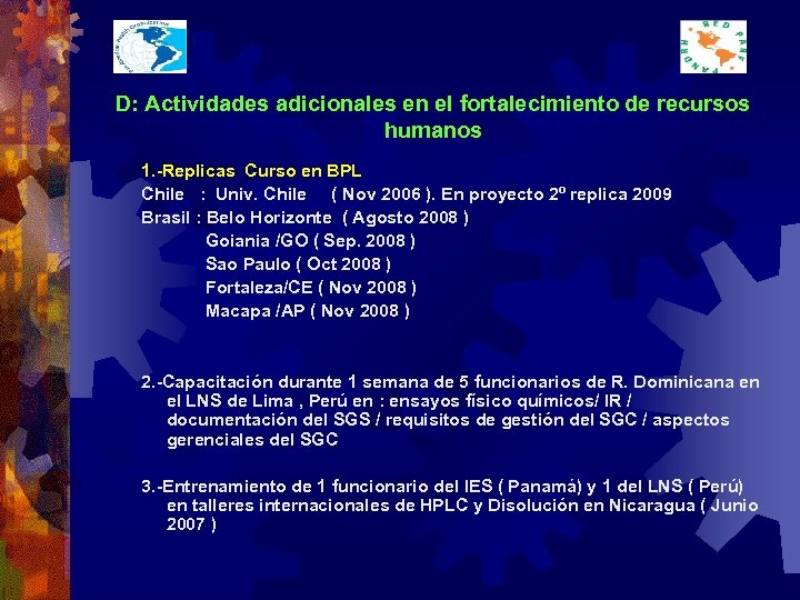 D: Actividades adicionales en el fortalecimiento de recursos humanos 1. -Replicas Curso en BPL