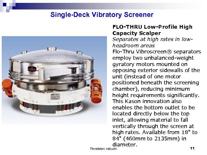 Single-Deck Vibratory Screener FLO-THRU Low-Profile High Capacity Scalper Separates at high rates in lowheadroom