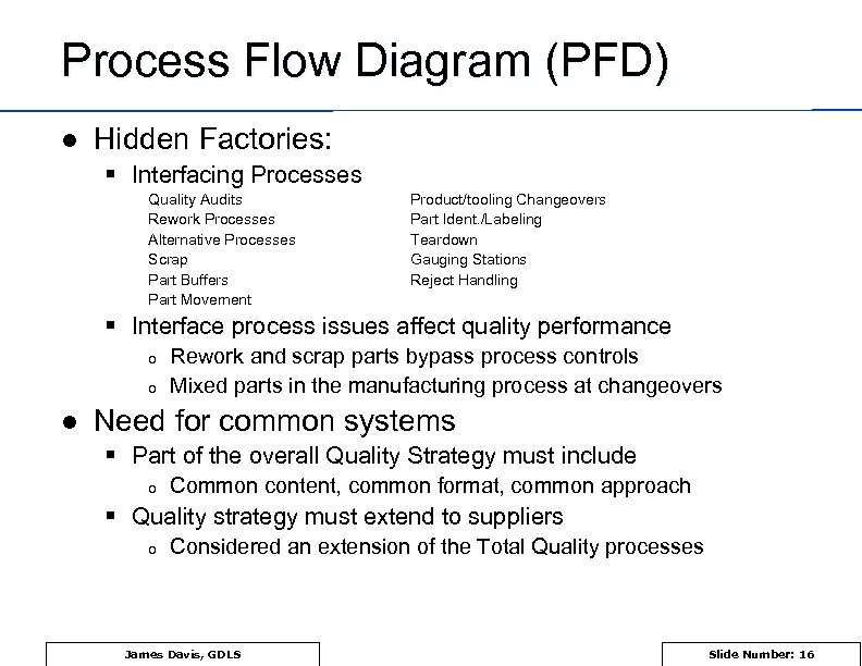 Process Flow Diagram (PFD) l Hidden Factories: § Interfacing Processes Quality Audits Rework Processes