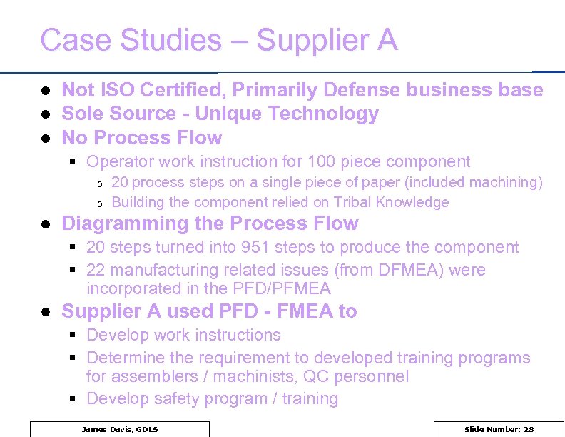 Case Studies – Supplier A l l l Not ISO Certified, Primarily Defense business