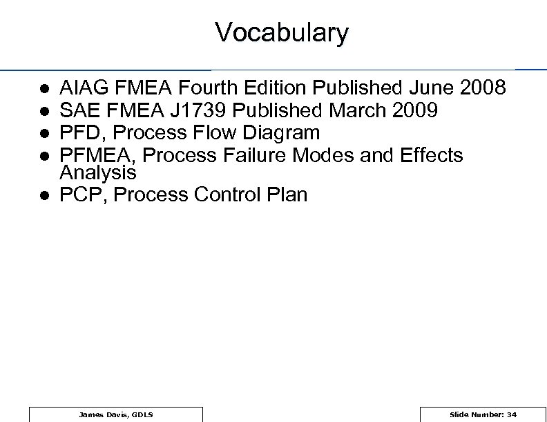 Vocabulary l l l AIAG FMEA Fourth Edition Published June 2008 SAE FMEA J