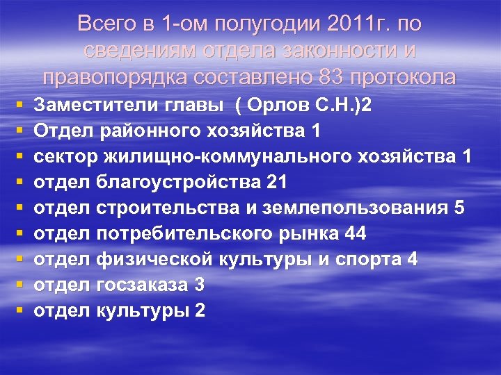 Всего в 1 -ом полугодии 2011 г. по сведениям отдела законности и правопорядка составлено