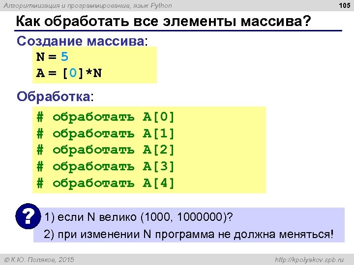 105 Алгоритмизация и программирование, язык Python Как обработать все элементы массива? Создание массива: N=5