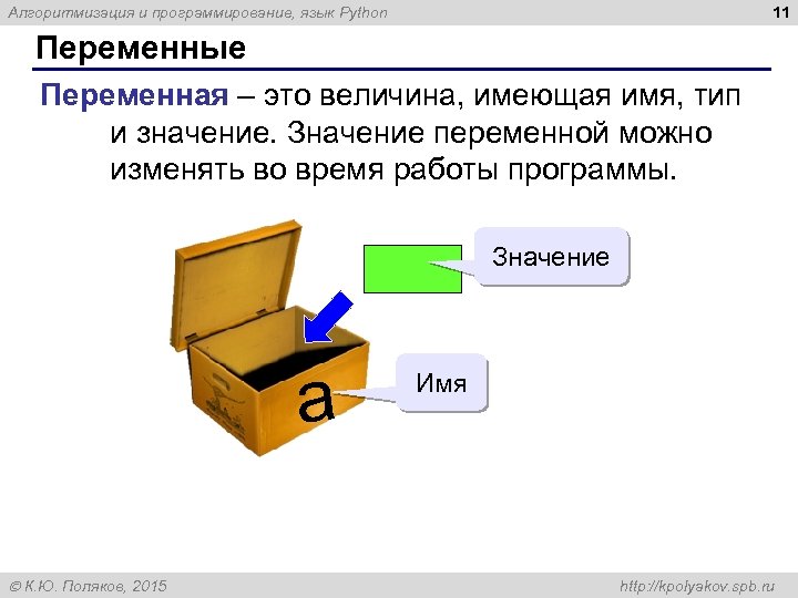 11 Алгоритмизация и программирование, язык Python Переменные Переменная – это величина, имеющая имя, тип