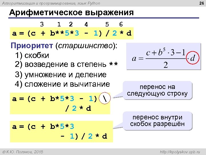 26 Алгоритмизация и программирование, язык Python Арифметическое выражения 3 1 2 4 5 6