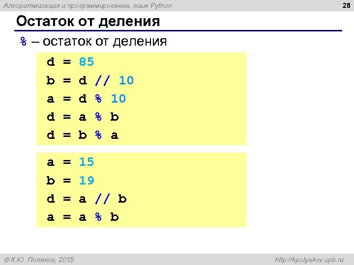 Алгоритмизация и программирование, язык Python 28 Остаток от деления % – остаток от деления
