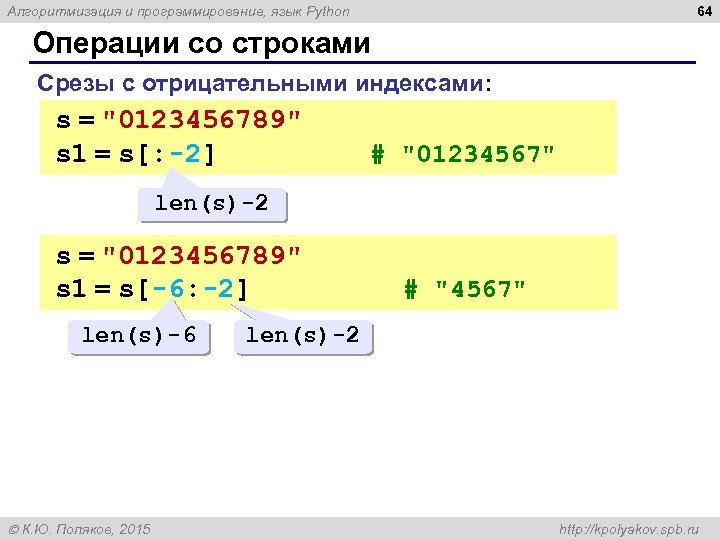 64 Алгоритмизация и программирование, язык Python Операции со строками Срезы с отрицательными индексами: s