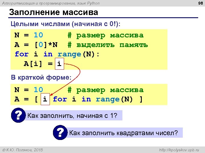 98 Алгоритмизация и программирование, язык Python Заполнение массива Целыми числами (начиная с 0!): N