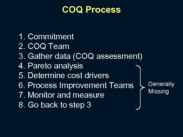 COQ Process 1. Commitment 2. COQ Team 3. Gather data (COQ assessment) 4. Pareto