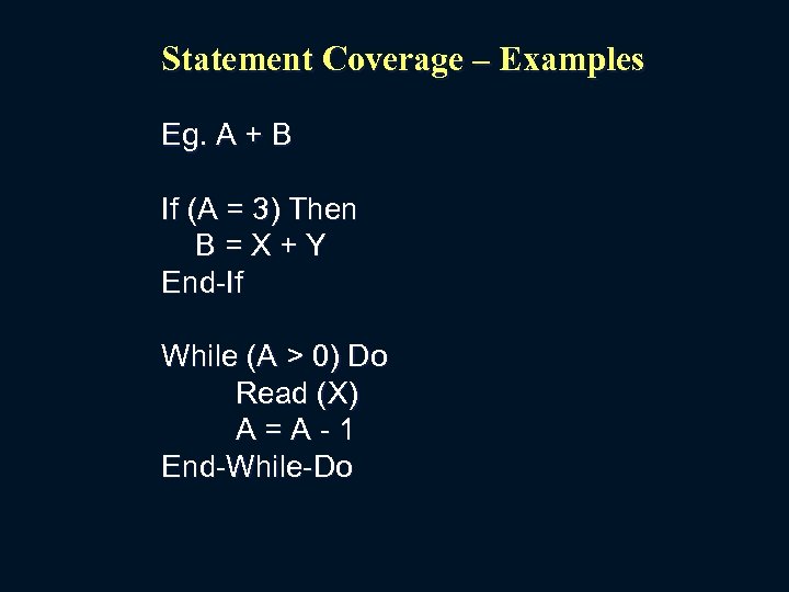 Statement Coverage – Examples Eg. A + B If (A = 3) Then B=X+Y