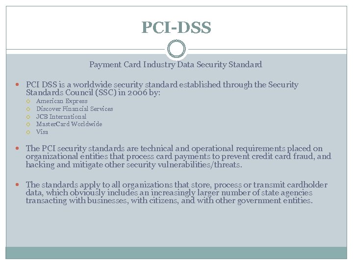 PCI-DSS Payment Card Industry Data Security Standard PCI DSS is a worldwide security standard