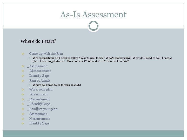 As-Is Assessment Where do I start? _Come up with the Plan _Assessment _ Measurement