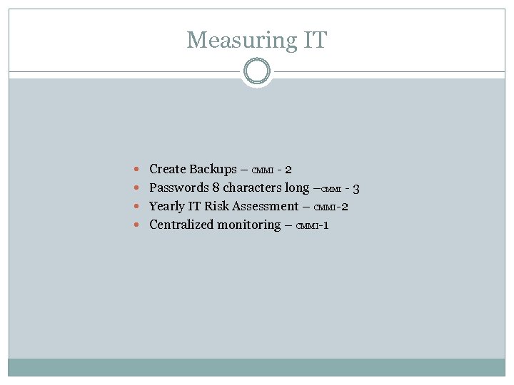 Measuring IT Create Backups – CMMI - 2 Passwords 8 characters long –CMMI -