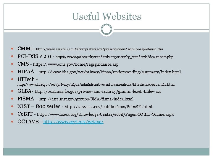 Useful Websites CMMI- http: //www. sei. cmu. edu/library/abstracts/presentations/20080925 webinar. cfm PCI-DSS V 2. 0