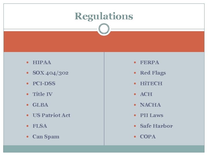 Regulations HIPAA FERPA SOX 404/302 Red Flags PCI-DSS Hi. TECH Title IV ACH GLBA