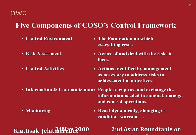 16 pwc Five Components of COSO’s Control Framework • Control Environment : The Foundation