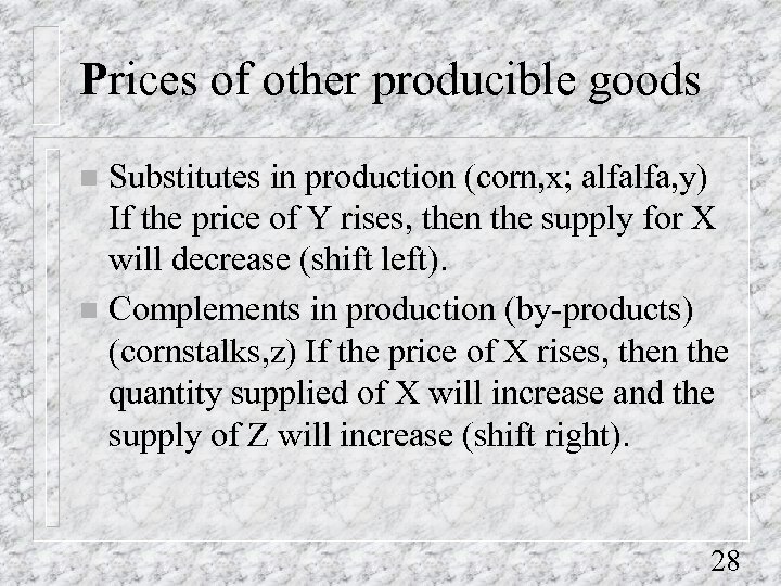 Prices of other producible goods Substitutes in production (corn, x; alfalfa, y) If the