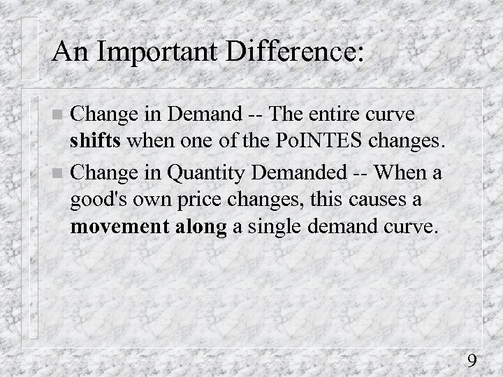 An Important Difference: Change in Demand -- The entire curve shifts when one of