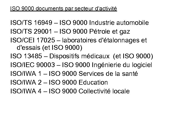 ISO 9000 documents par secteur d’activité ISO/TS 16949 – ISO 9000 Industrie automobile ISO/TS