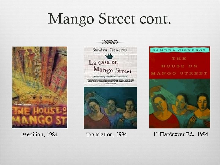 Mango Street cont. 1 st edition, 1984 Translation, 1994 1 st Hardcover Ed. ,