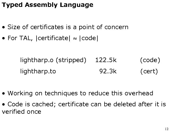 Typed Assembly Language • Size of certificates is a point of concern • For
