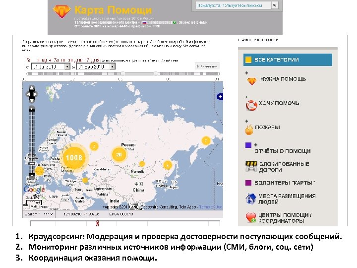 1. Краудсорсинг: Модерация и проверка достоверности поступающих сообщений. 2. Мониторинг различных источников информации (СМИ,