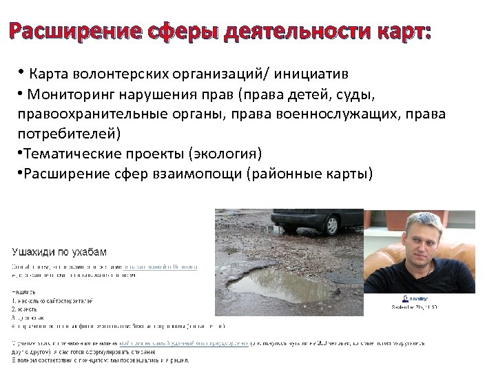 Расширение сферы деятельности карт: • Карта волонтерских организаций/ инициатив • Мониторинг нарушения прав (права