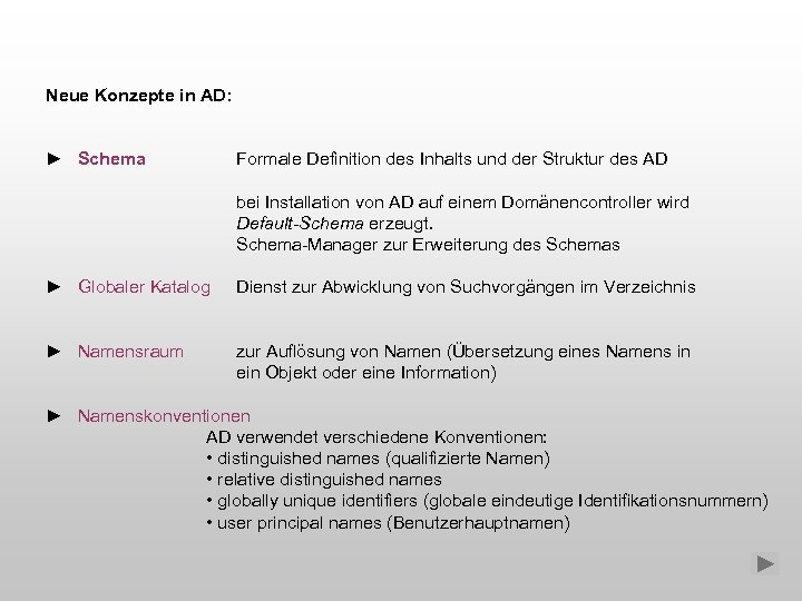 Neue Konzepte in AD: ► Schema Formale Definition des Inhalts und der Struktur des